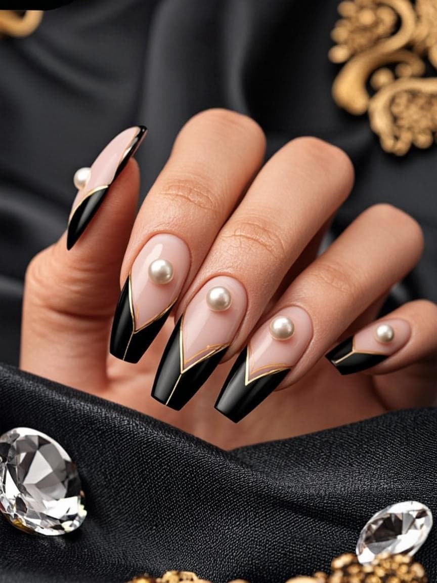 Black and nude baroque almond nails with gold lines and pearls