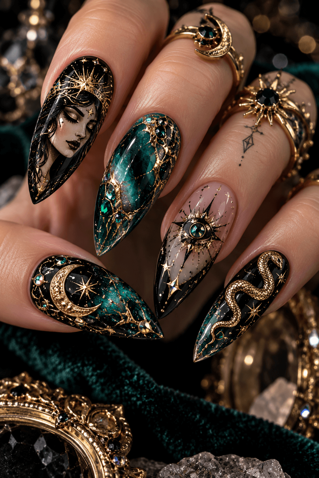 Mystic stiletto nails with fortune teller portrait, evil eye and gold snake