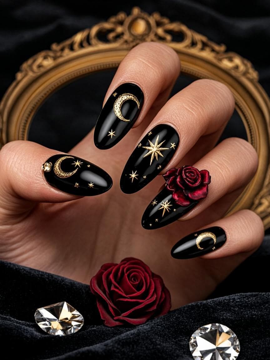 Glossy black stiletto nails with gold crescent moons, stars and filigree