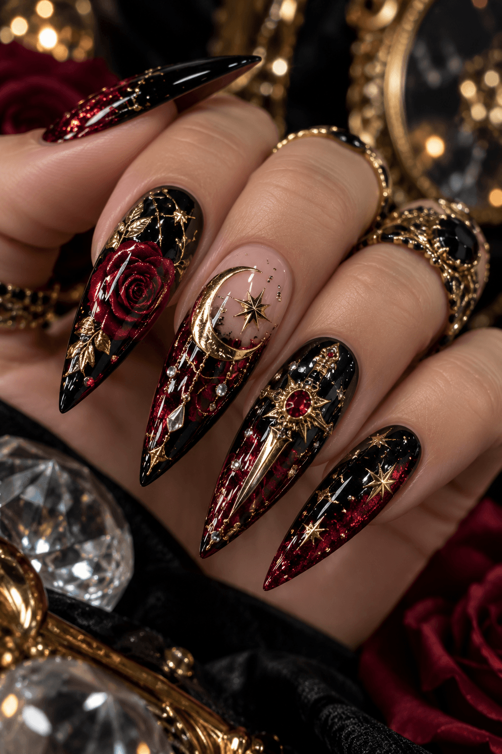 Gothic baroque stiletto nails with deep red roses, gold moons and ruby dagger art