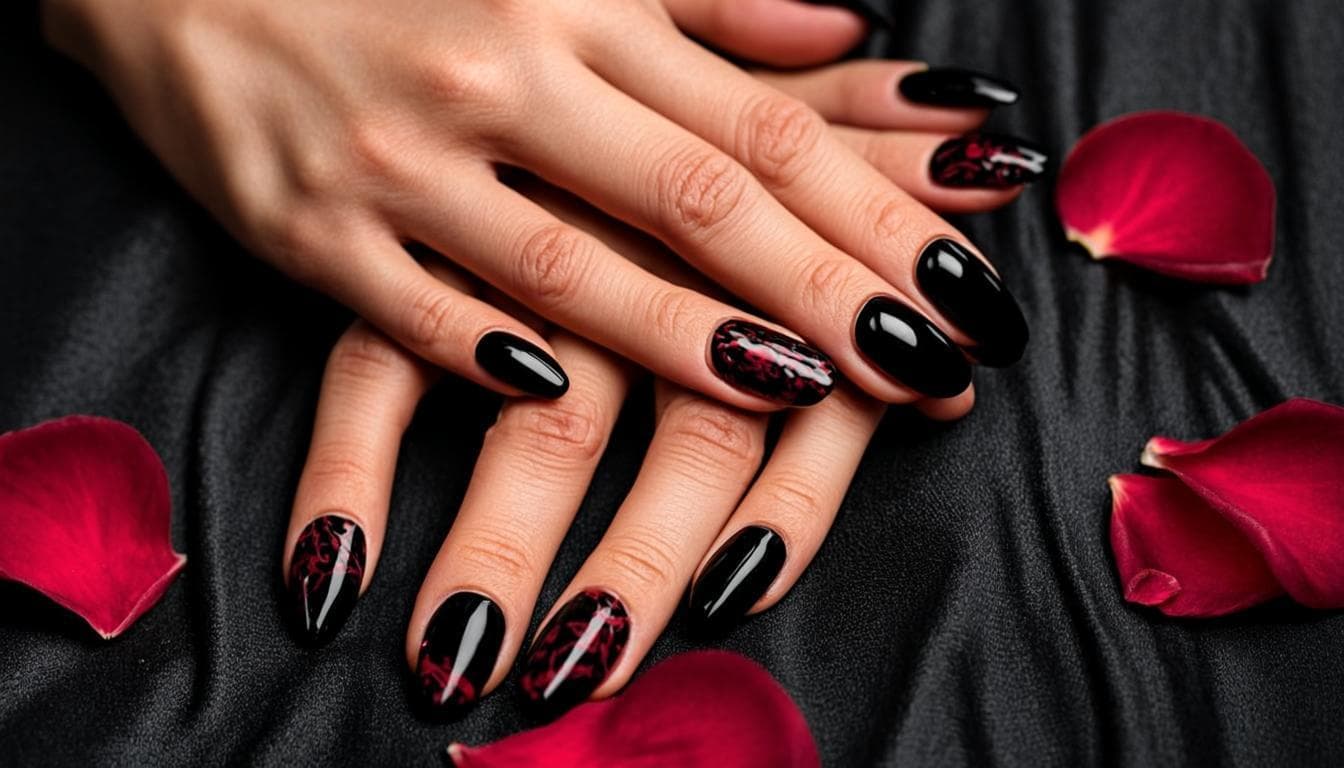 Elegant hands with glossy black manicure, crimson foil and rose petals on black silk