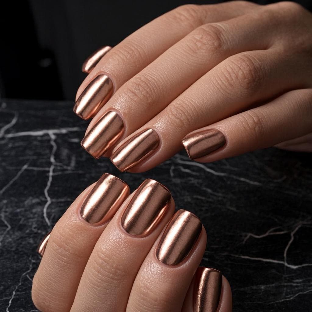 Rose gold chrome mirror-glaze nails on dark marble