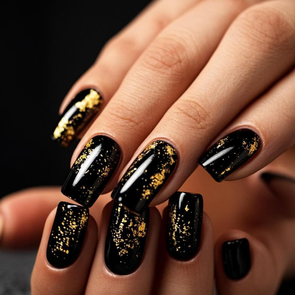 Glossy obsidian black almond nails with metallic gold foil flakes