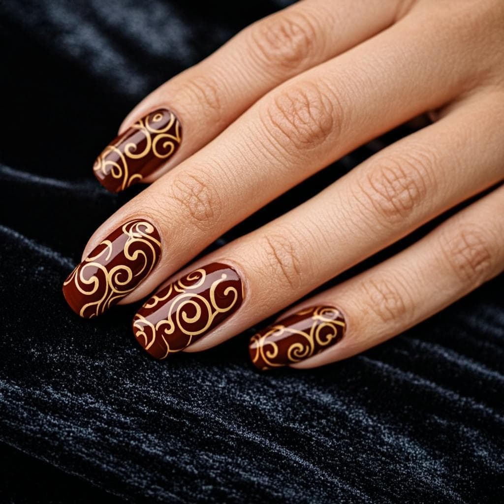 Deep rose nails with hand-painted fine gold swirl art