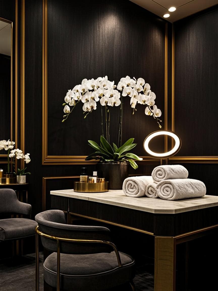 Warm, private nail studio interior with black walls, gold accents and a manicure table