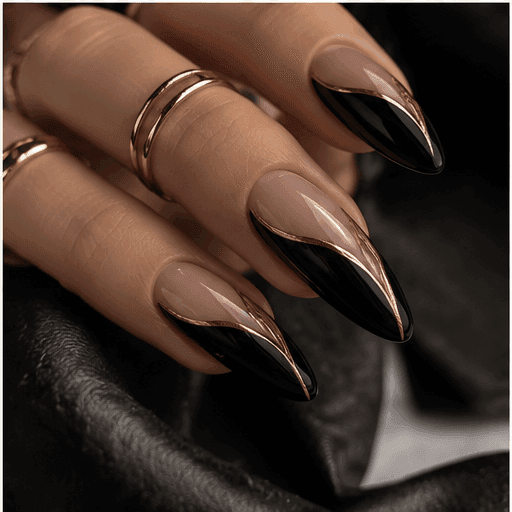 Black and nude geometric french nails outlined in fine gold lines