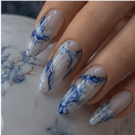Blue-white porcelain marble nails with gold crackle veining