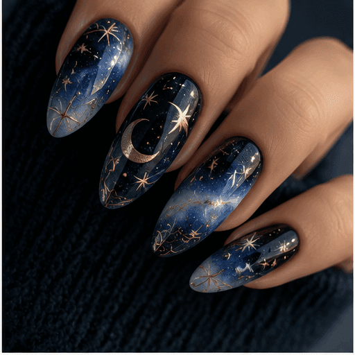 Deep midnight blue celestial nails with gold crescent moons and stars