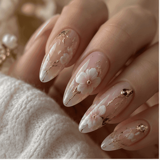 Nude nails with 3D white florals and delicate gold line details