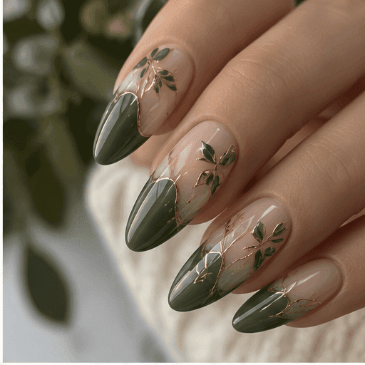 Olive green and nude nails with golden vine filigree