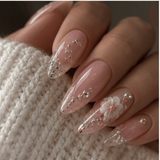 Blush pink ombré nails with crystals and delicate florals
